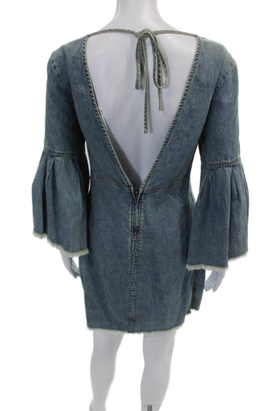 We The Free Womens Denim Pleated Bell Sleeve Raw Hem Mini Dress Blue Size 2
