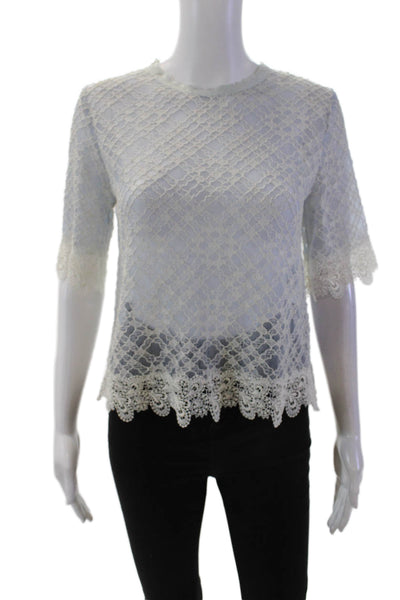 Sandro Womens Cotton Sheer Lace Scalloped Hem Zippered Blouse Blue Size S