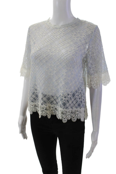 Sandro Womens Cotton Sheer Lace Scalloped Hem Zippered Blouse Blue Size S