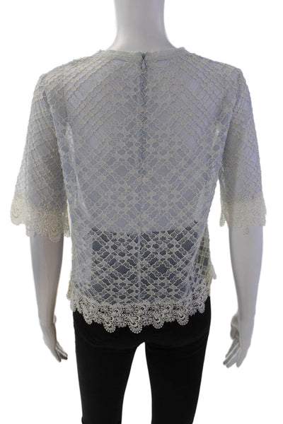 Sandro Womens Cotton Sheer Lace Scalloped Hem Zippered Blouse Blue Size S