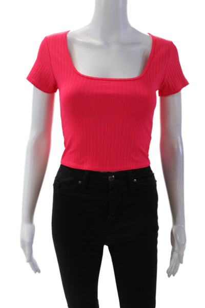 Carbon 38 Womens Round Neck Short Sleeve Ribbed Crop Top Neon Pink Size XS