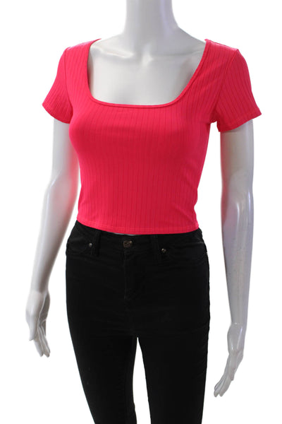 Carbon 38 Womens Round Neck Short Sleeve Ribbed Crop Top Neon Pink Size XS