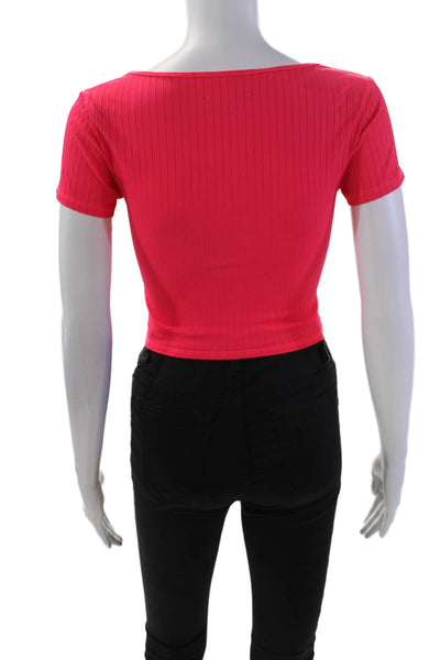 Carbon 38 Womens Round Neck Short Sleeve Ribbed Crop Top Neon Pink Size XS