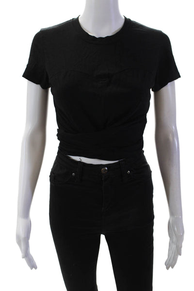 Carbon38 Womens Cotton Crew Neck Tie Waist Detail Crop Top Black Size XS