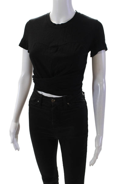 Carbon38 Womens Cotton Crew Neck Tie Waist Detail Crop Top Black Size XS