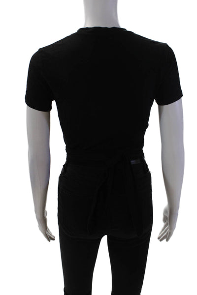Carbon38 Womens Cotton Crew Neck Tie Waist Detail Crop Top Black Size XS