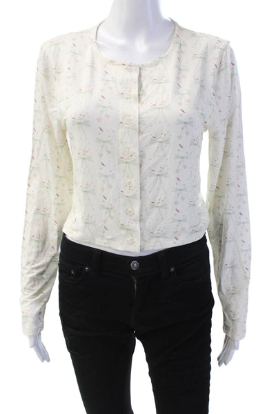 Sofia Richie Grainge Womens Scoop Neck Floral Cardigan Sweater White Size Medium