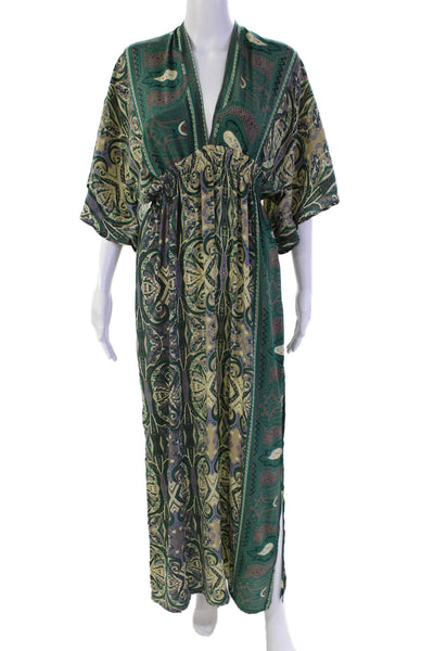 Perry Walker Womens Silk Tie Back Short Sleeve Shift Dress Green Combo Size S
