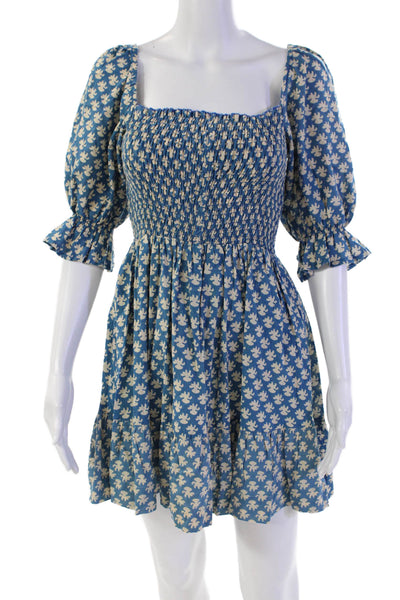 Perry Walker Womens Cotton Printed Smocked Off Shoulder Dress Blue Size XS