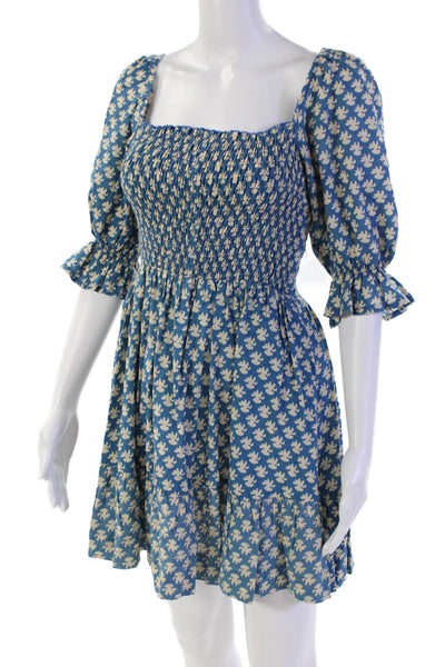 Perry Walker Womens Cotton Printed Smocked Off Shoulder Dress Blue Size XS