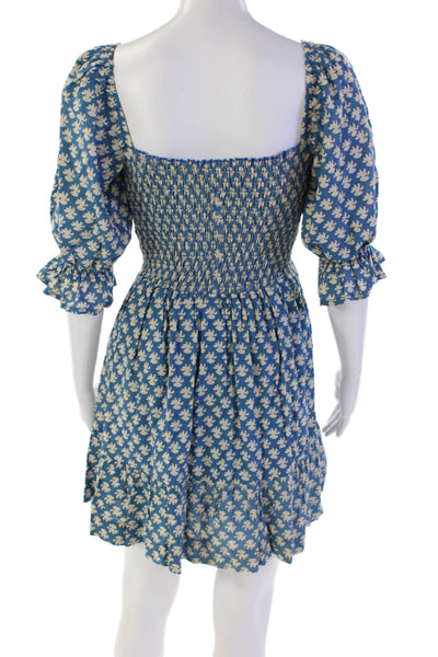 Perry Walker Womens Cotton Printed Smocked Off Shoulder Dress Blue Size XS