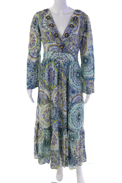 Derhy Womens Cotton Printed Beaded V-neck Long Sleeve Dress Multicolor Size S
