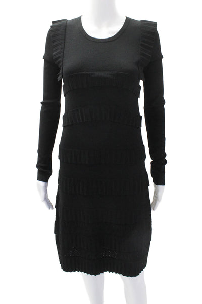 Carven Womens Crew Neck Ruffle Detail Long Sleeve Shift Dress Black Size XS