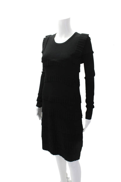 Carven Womens Crew Neck Ruffle Detail Long Sleeve Shift Dress Black Size XS