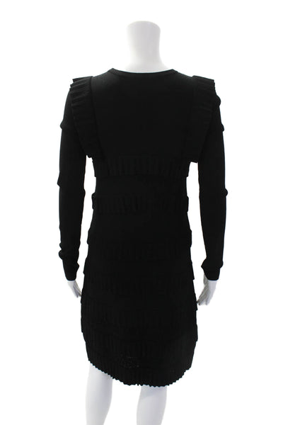 Carven Womens Crew Neck Ruffle Detail Long Sleeve Shift Dress Black Size XS
