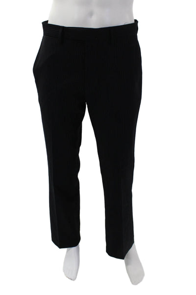 DKNY Mens Pinstriped Creased Straight Leg Soho Fit Dress Pants Black Wool Size 3