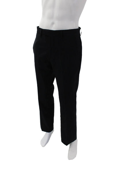 DKNY Mens Pinstriped Creased Straight Leg Soho Fit Dress Pants Black Wool Size 3