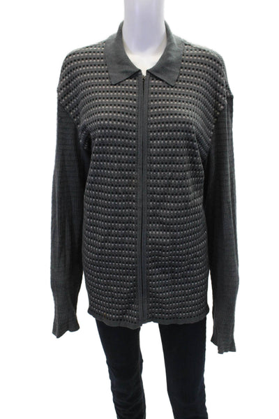 Donna Karan Womens Cotton Long Sleeve Full Zip Collar Knit Sweater Gray Size L