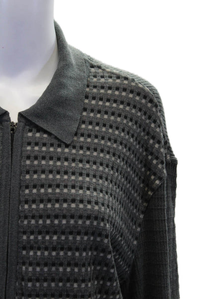 Donna Karan Womens Cotton Long Sleeve Full Zip Collar Knit Sweater Gray Size L