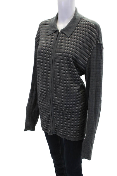 Donna Karan Womens Cotton Long Sleeve Full Zip Collar Knit Sweater Gray Size L