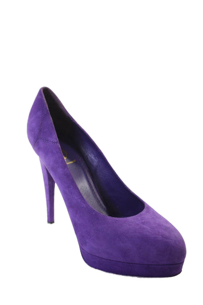 YSL Womens Suede Low Platform Slide On Round Toe Pumps Purple Size 40 10