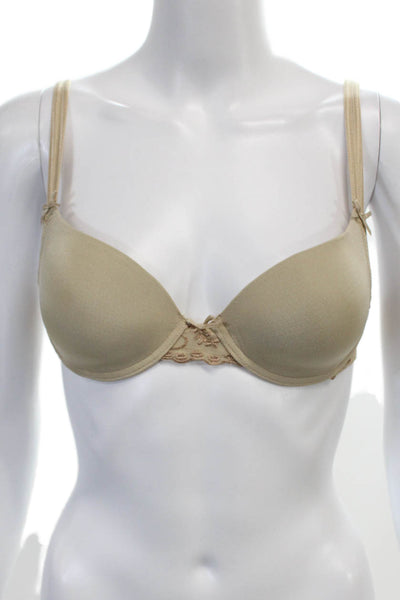 Duet Womens Embroidered Under Wire Plunge Bra Tanned Beige Size 34 A