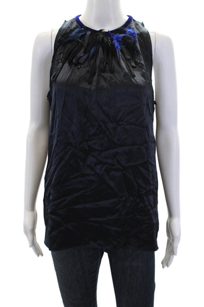 Elie Tahari Womens Silk Feather Trim Round Neck Tank Top Blosue Navy Size M