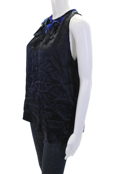 Elie Tahari Womens Silk Feather Trim Round Neck Tank Top Blosue Navy Size M