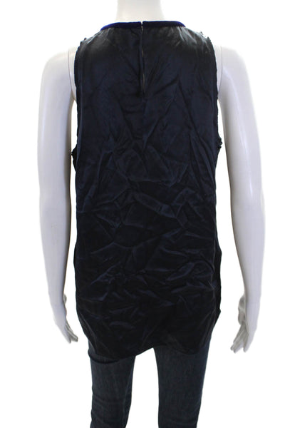 Elie Tahari Womens Silk Feather Trim Round Neck Tank Top Blosue Navy Size M