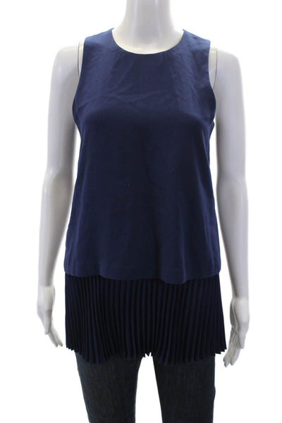 Theory Womens Pleated Layered Round Neck Zip Up Tank Top Blouse Navy Size P