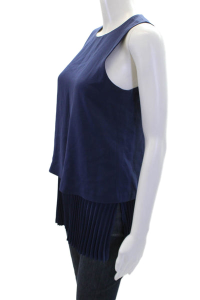 Theory Womens Pleated Layered Round Neck Zip Up Tank Top Blouse Navy Size P