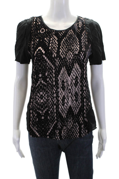 Rebecca Taylor Womens Abstract Round Neck Short Sleeve Vlouse Top Black Size 0