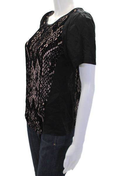 Rebecca Taylor Womens Abstract Round Neck Short Sleeve Vlouse Top Black Size 0