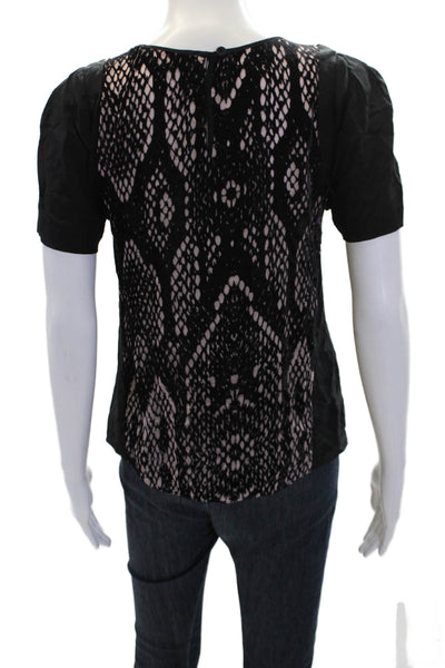 Rebecca Taylor Womens Abstract Round Neck Short Sleeve Vlouse Top Black Size 0