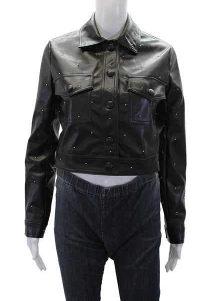 House of Harlow 1960 Womens Vegan Leather Beaded Button Up Jacket Black Size XXS