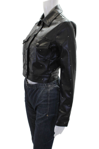 House of Harlow 1960 Womens Vegan Leather Beaded Button Up Jacket Black Size XXS