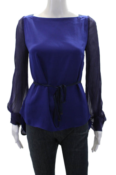 T Tahari Women's Sheer Long Sleeves Hi-Lo Hem Blouse Purple Size XS
