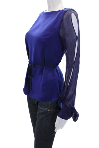 T Tahari Women's Sheer Long Sleeves Hi-Lo Hem Blouse Purple Size XS