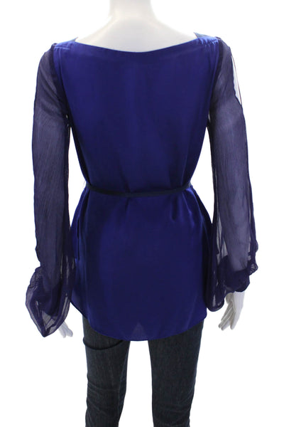 T Tahari Women's Sheer Long Sleeves Hi-Lo Hem Blouse Purple Size XS