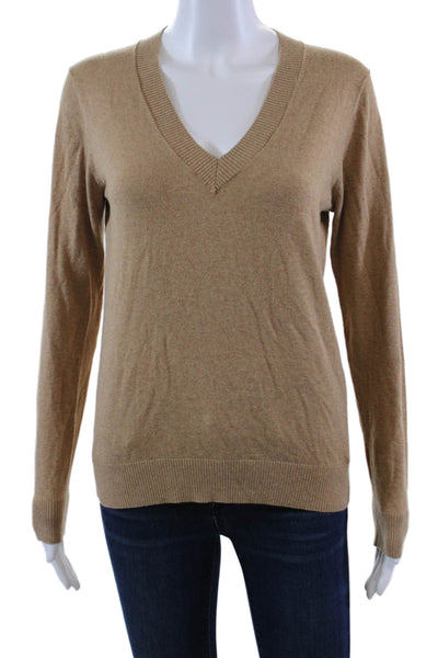 Minnie Rose Womens Long Sleeves V Neck Pullover Sweater Brown Cotton Size Small