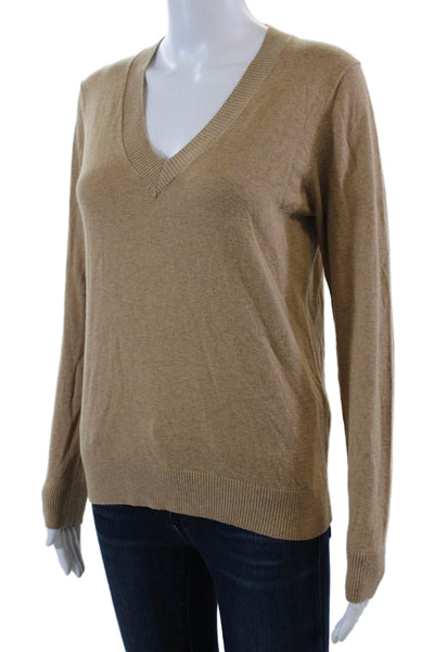 Minnie Rose Womens Long Sleeves V Neck Pullover Sweater Brown Cotton Size Small