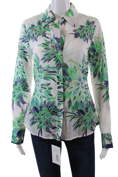 Elie Tahari Womens Cotton Floral Long Sleeve Button Up Blouse Top Green Size XS