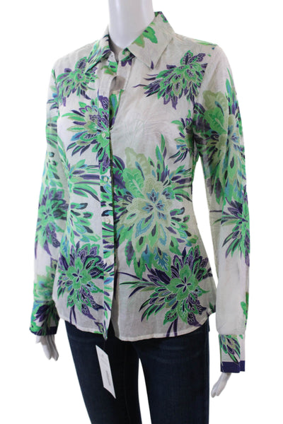 Elie Tahari Womens Cotton Floral Long Sleeve Button Up Blouse Top Green Size XS