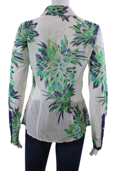 Elie Tahari Womens Cotton Floral Long Sleeve Button Up Blouse Top Green Size XS
