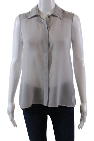 Theory Womens Semi-Sheer Collared Sleeveless Button Up Blouse Top Gray Size P