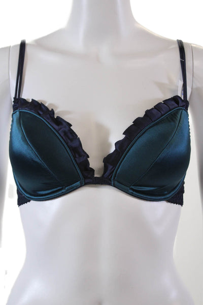 Fleur T Womens Ruffle Trim Adjustable Padded Plunge Bra Blue Size 32D