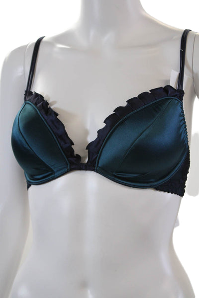 Fleur T Womens Ruffle Trim Adjustable Padded Plunge Bra Blue Size 32D