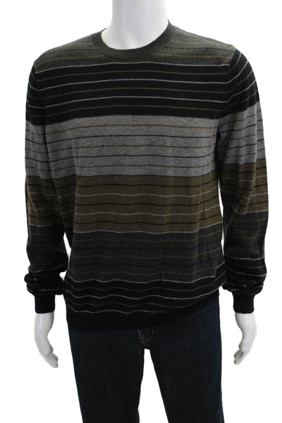 Vince Mens Wool Long Sleeve Striped Pullover Sweater Gray Brown Black Size L