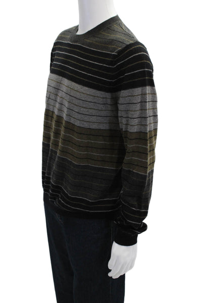 Vince Mens Wool Long Sleeve Striped Pullover Sweater Gray Brown Black Size L
