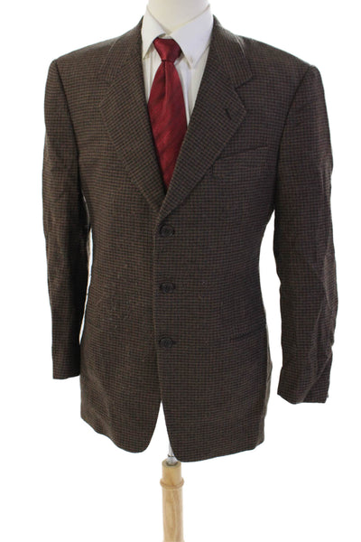 Mani Mens Wool Houndstooth Notch Collar Button Up Suit Jacket Brown Size 40R